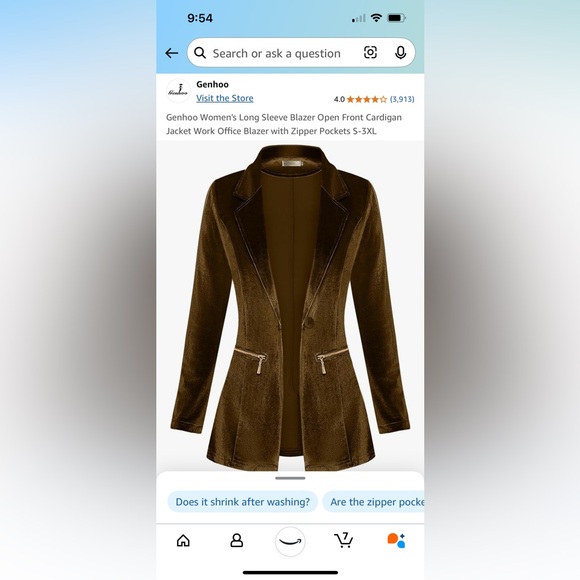 NWT Amazon Genhoo Brown Velvet Blazer w/ Gold Zippers- S - Picture 7 of 8